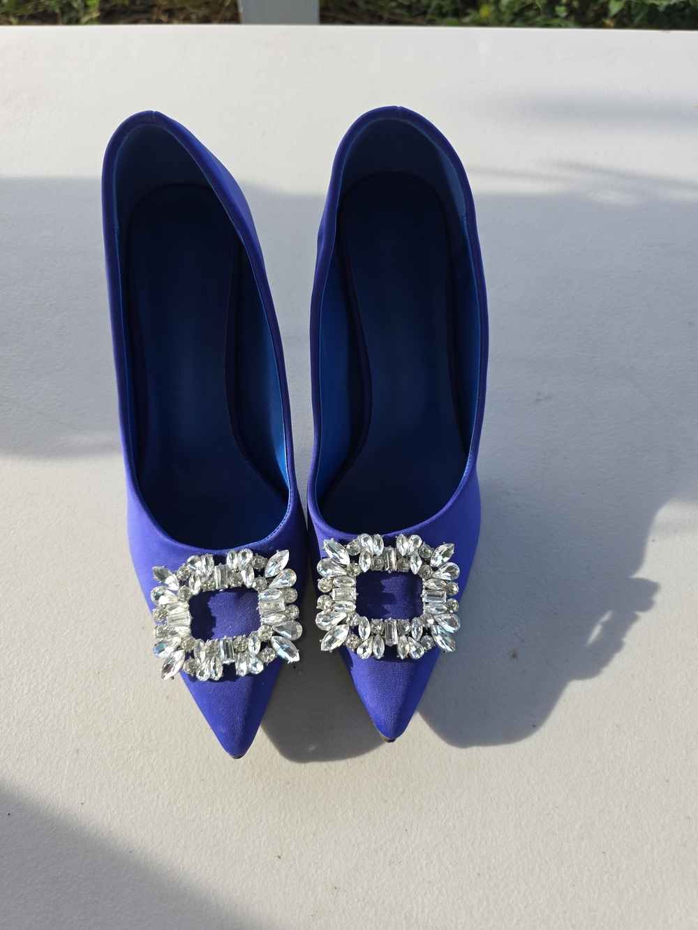 Crystal Buckle Pointed Toe Pumps in Royal Blue